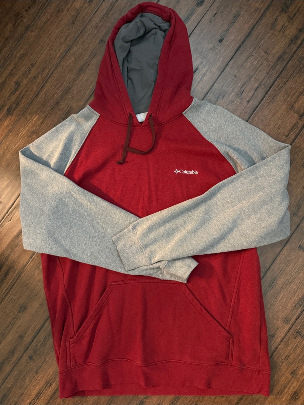Columbia Red Hoodie with Gray Raglan Sleeves